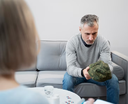 A man sitting on the couch holding something in his hand.