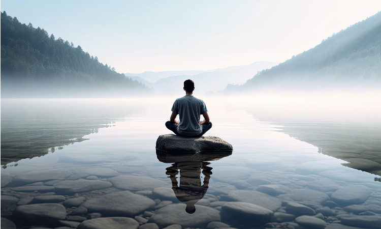 A man sitting on top of a rock in the middle of water.